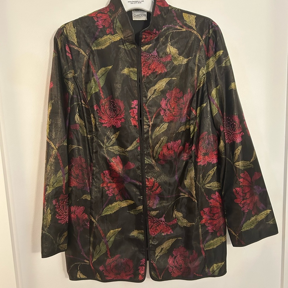 Chico's Silk Blend Mandarin Collar Beaded Floral Jacket Chico’s 2